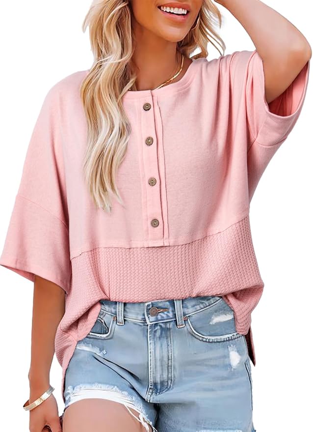 Dokotoo Waffle Knit 3/4 Sleeve Crewneck Blouse